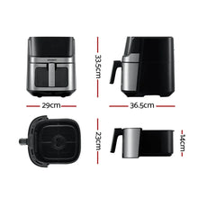 Black and silver air fryer with handle shown from multiple angles and labeled dimensions
