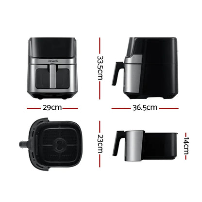 Black and silver air fryer with handle shown from multiple angles and labeled dimensions