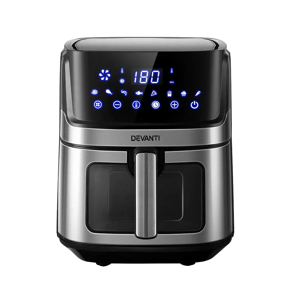 Stainless steel digital air fryer with LED touch display and timer settings on white background.