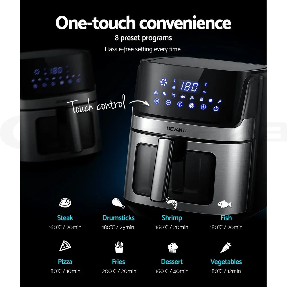 Stainless steel air fryer with digital touch control panel and 8 preset cooking programs displayed.
