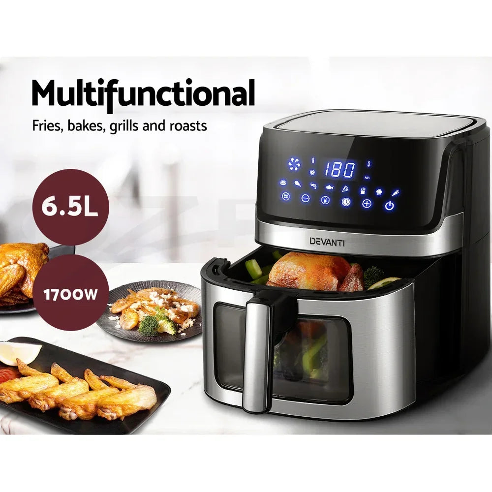 6.5L multifunctional air fryer with digital display, cooking whole chicken and vegetables