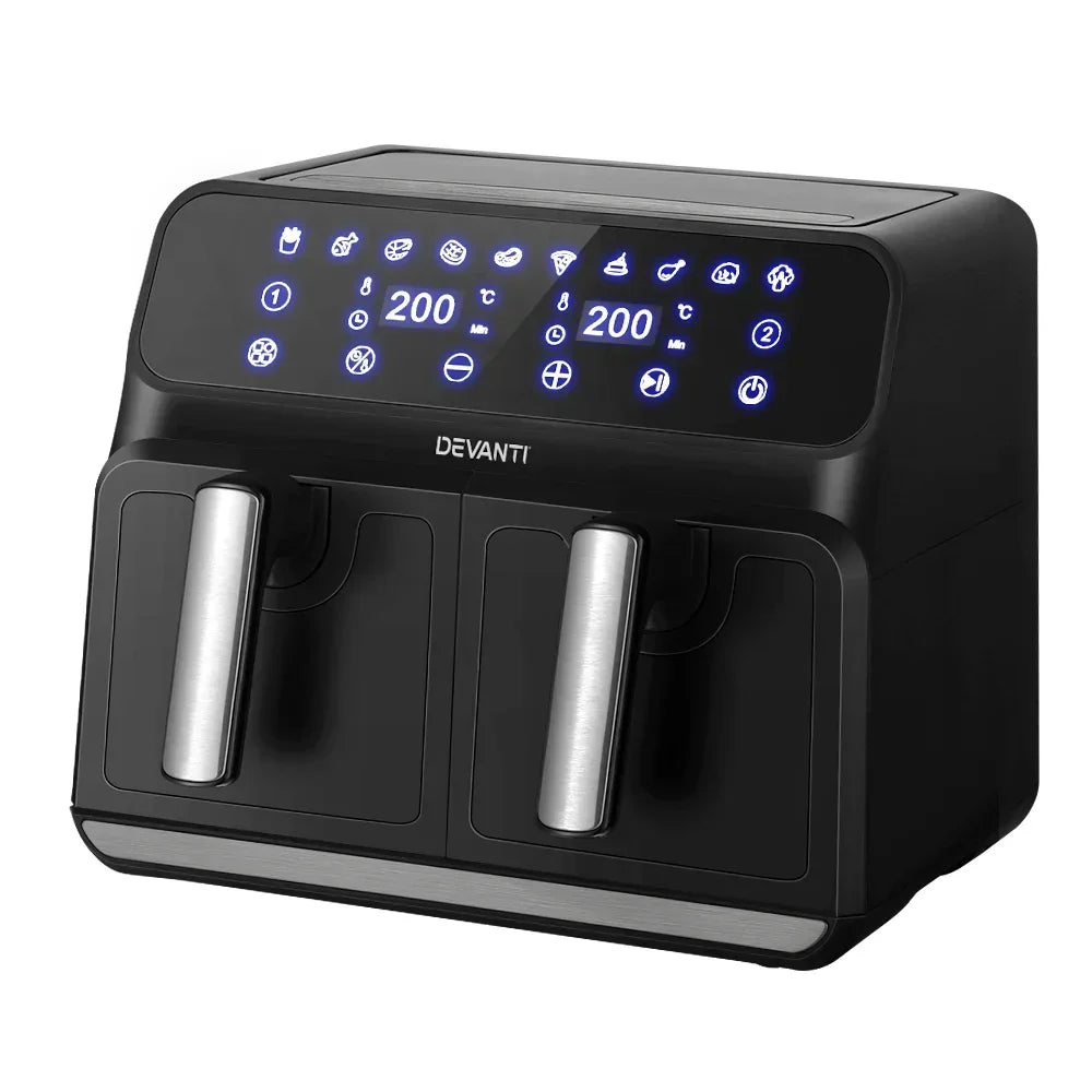 Black digital dual basket air fryer with LED touchscreen controls and stainless steel handles