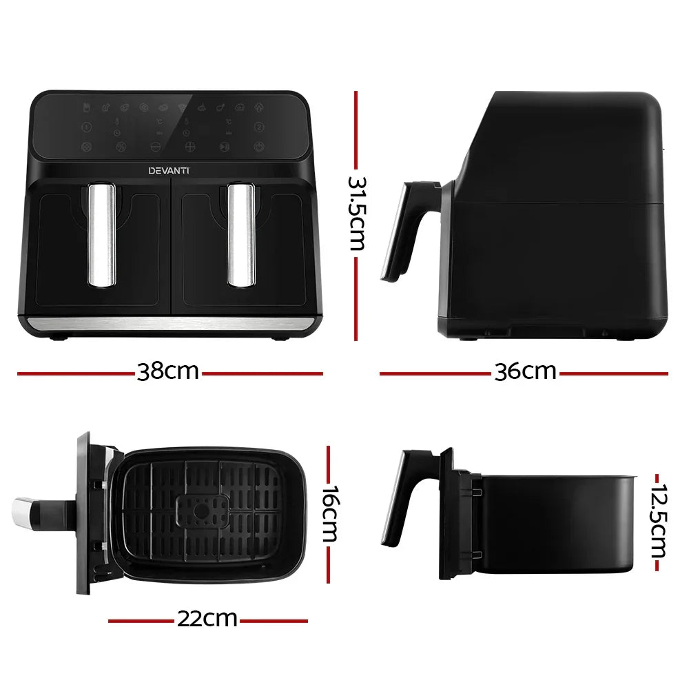 Black dual basket air fryer with touch controls, shown from multiple angles with dimensions
