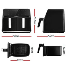 Black dual basket air fryer with touch controls, shown from multiple angles with dimensions