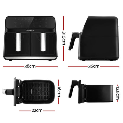 Black dual basket air fryer with touch controls, shown from multiple angles with dimensions