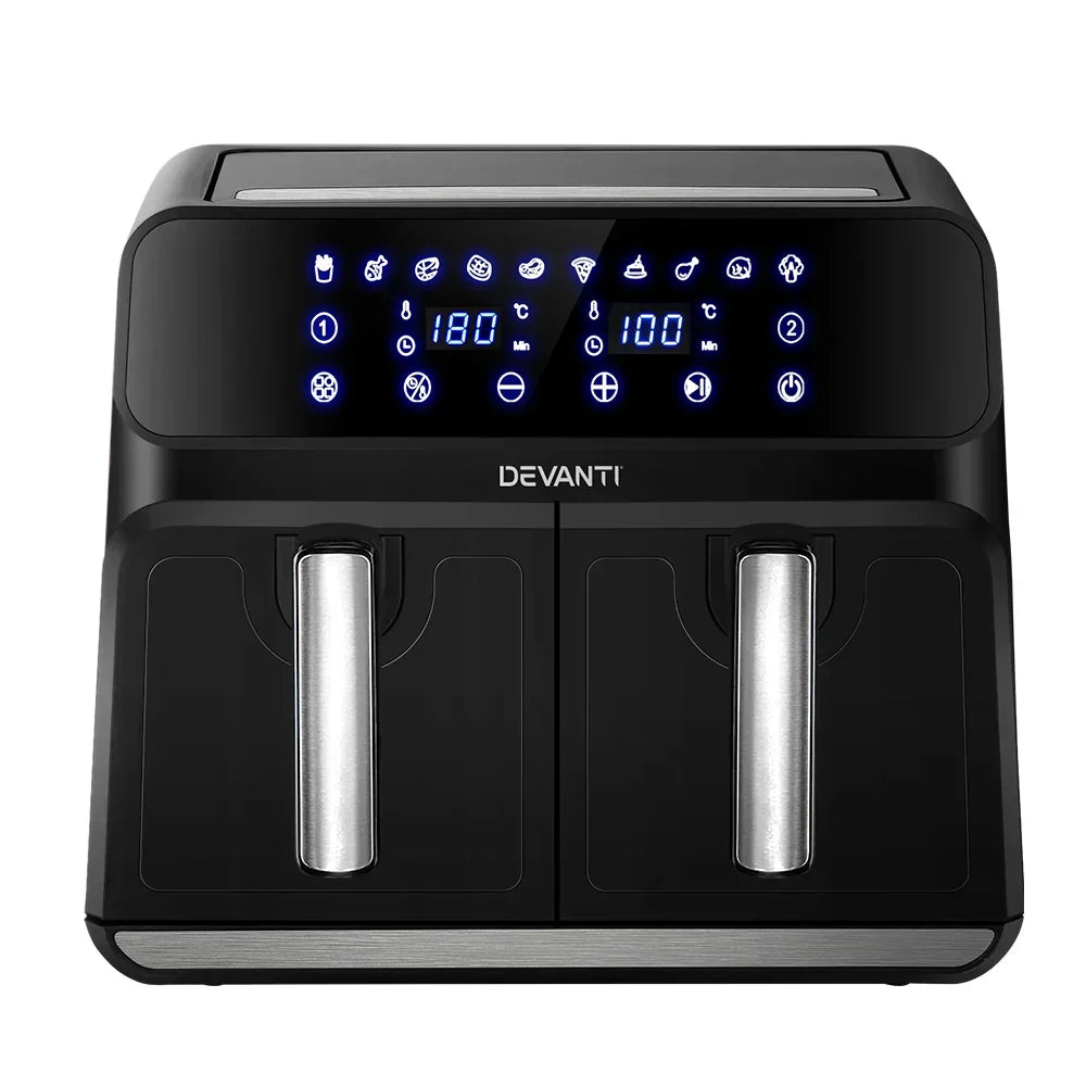 Black digital dual basket air fryer with LED touch screen controls and stainless handles