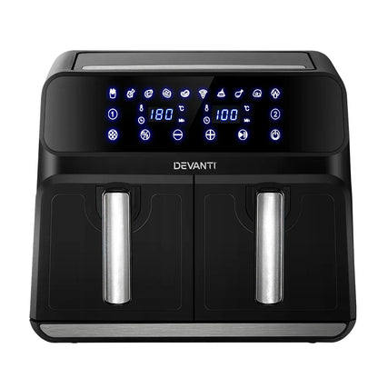 Black digital dual basket air fryer with LED touch screen controls and stainless handles