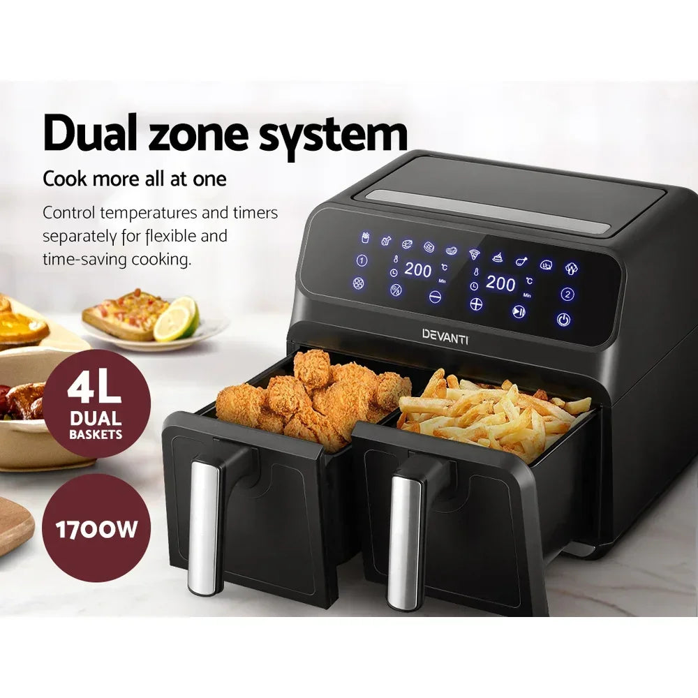 Dual zone 4L air fryer with digital touchscreen, cooking fried chicken and fries in two baskets.