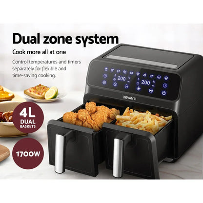 Dual zone 4L air fryer with digital touchscreen, cooking fried chicken and fries in two baskets.