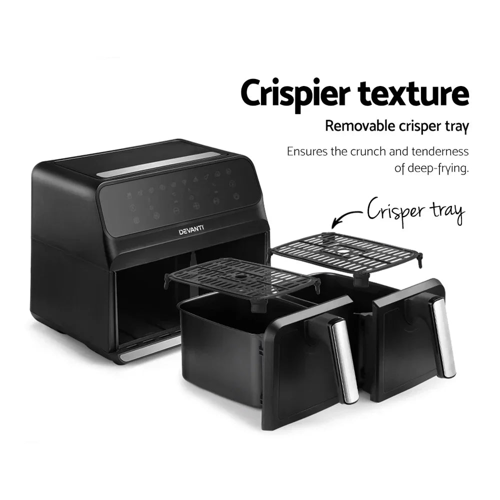 Dual basket air fryer with removable crisper trays and digital touch controls, black finish