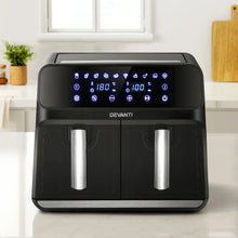 Black dual basket air fryer with digital touch control panel on kitchen counter
