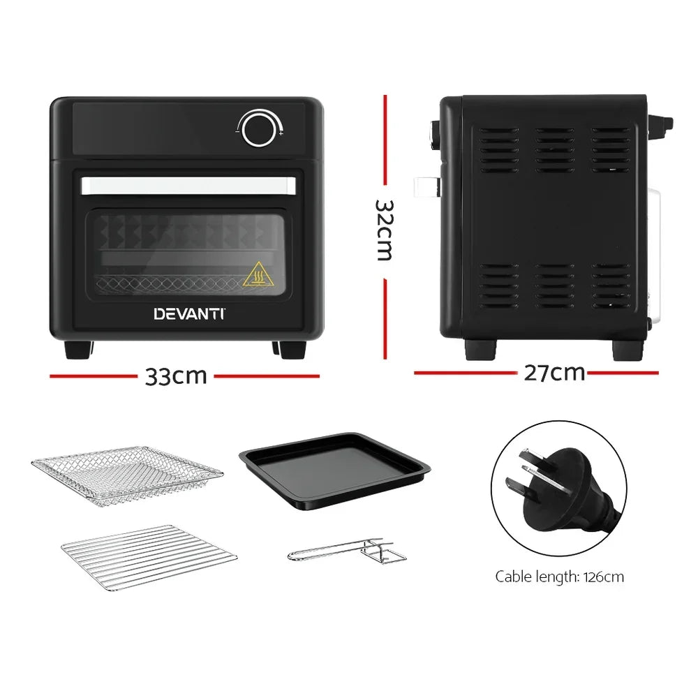 Black countertop air fryer oven with dimensions 33x32x27cm, trays, rack, and power cord.