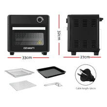 Black countertop air fryer oven with dimensions 33x32x27cm, trays, rack, and power cord.