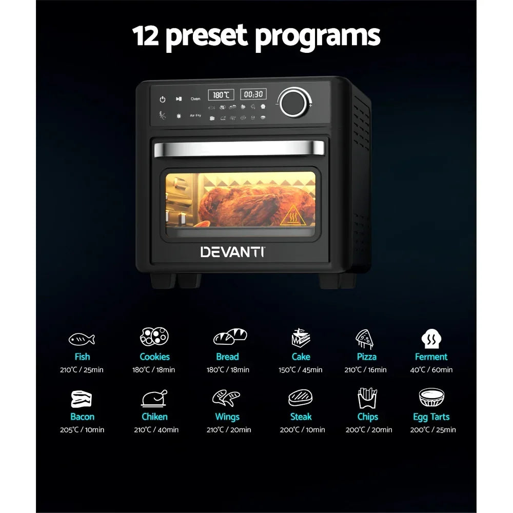 Black countertop oven with digital display, showing 12 preset cooking programs, whole chicken inside.