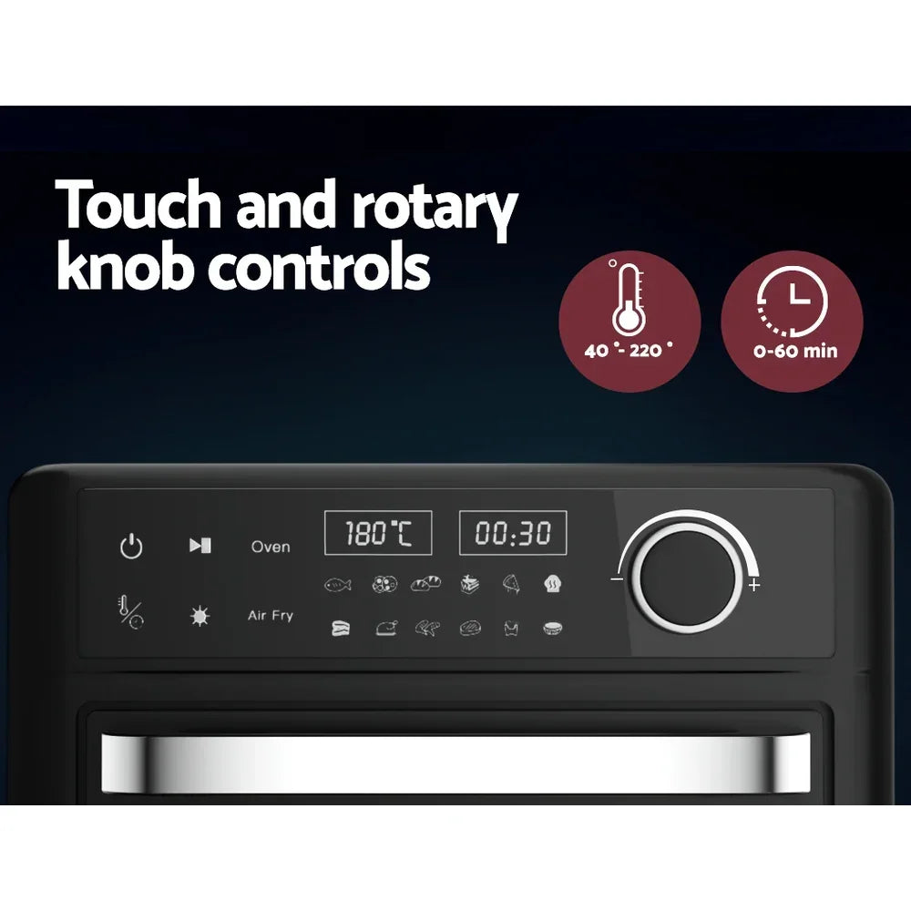 Air fryer oven control panel with digital temperature display, timer, and rotary knob