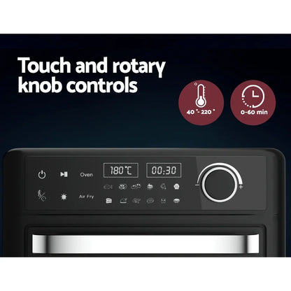 Air fryer oven control panel with digital temperature display, timer, and rotary knob