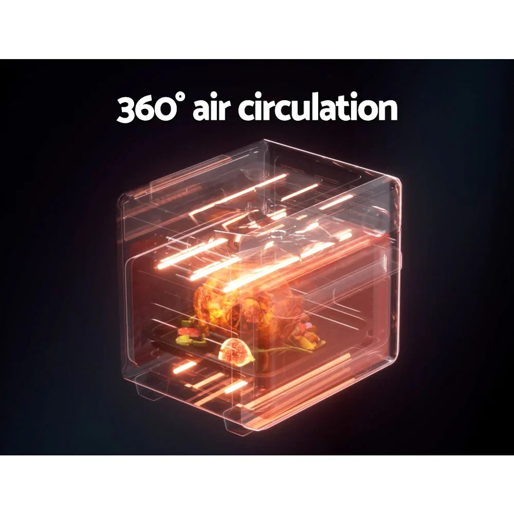 Air fryer oven graphic showing 360 degree air circulation cooking a chicken and vegetables