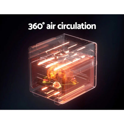 Air fryer oven graphic showing 360 degree air circulation cooking a chicken and vegetables