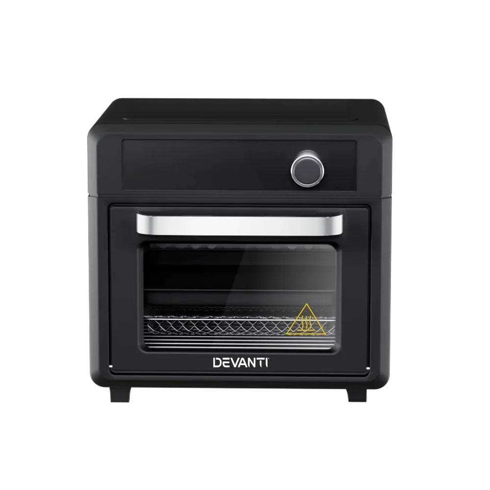 Black countertop air fryer oven with digital control knob and glass door