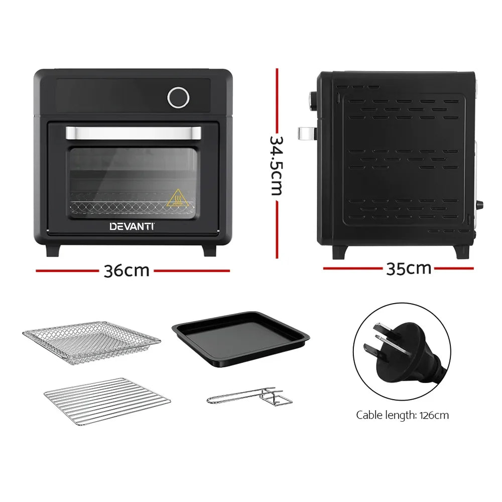 Black countertop oven with tray, racks, tong, and 126cm power cord, dimensions shown