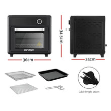 Black countertop oven with tray, racks, tong, and 126cm power cord, dimensions shown