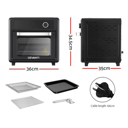 Black countertop oven with tray, racks, tong, and 126cm power cord, dimensions shown