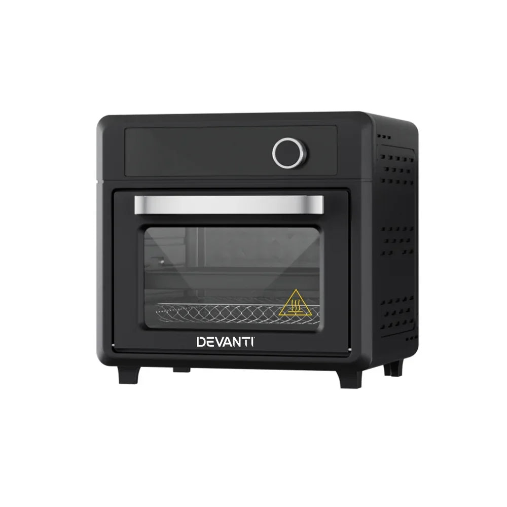 Black countertop air fryer oven with front glass door and control knob