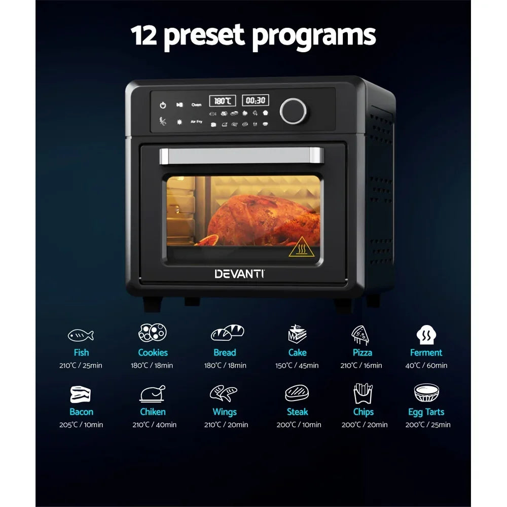 Black digital air fryer oven with 12 preset programs, display panel and cooking icons.