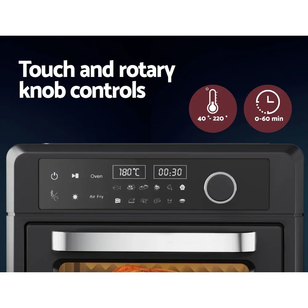 Black air fryer oven with digital display, touch panel, and rotary knob controls