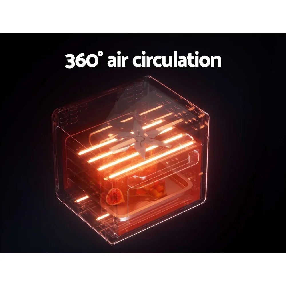 Air fryer oven with 360 degree air circulation, heating elements glowing inside