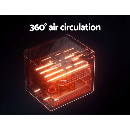 Air fryer oven with 360 degree air circulation, heating elements glowing inside