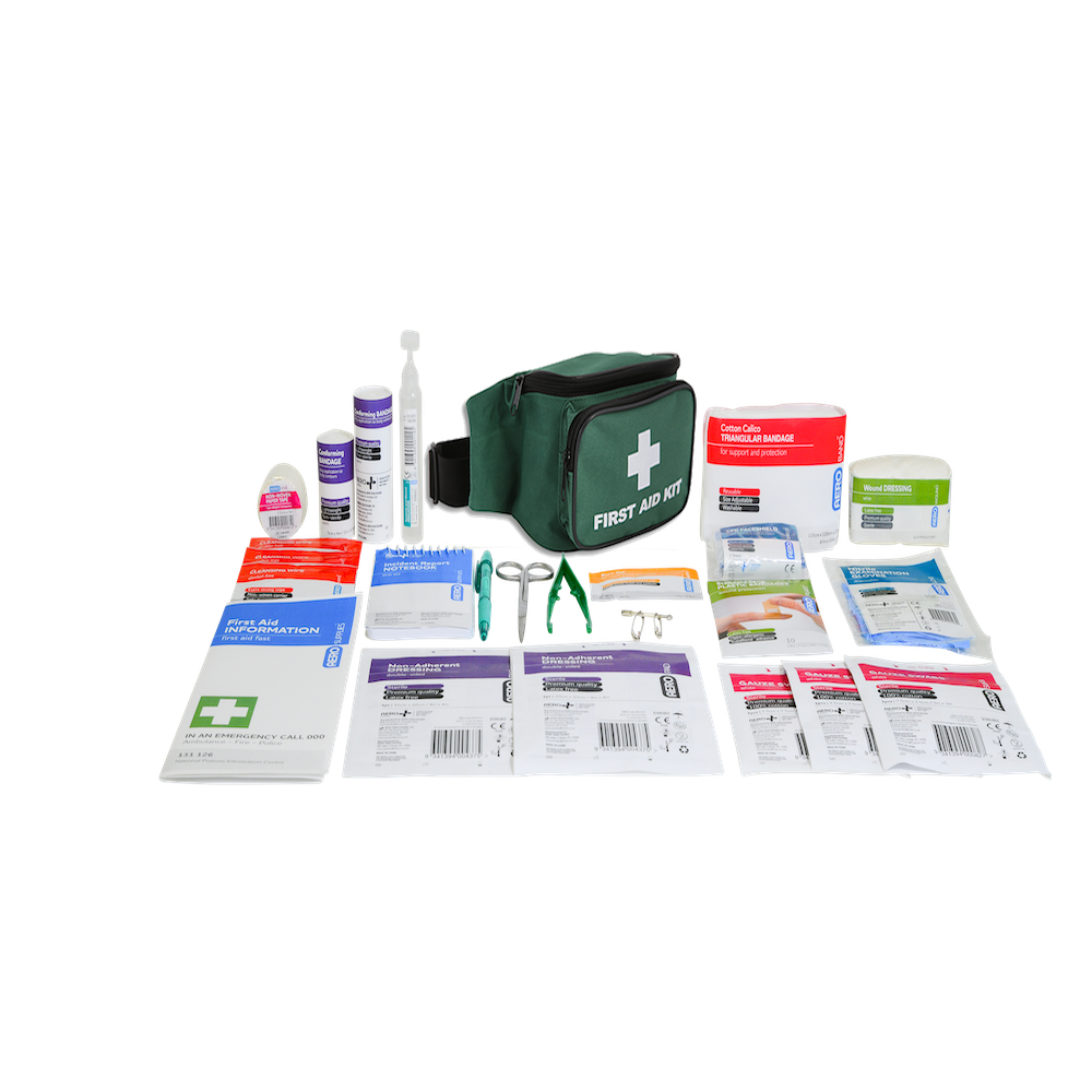 Green first aid bum bag kit with printed exterior, adjustable waist strap and zip closure, 35 x 11 x 12cm
