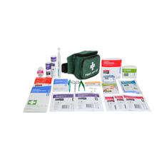 Green first aid bum bag kit with printed exterior, adjustable waist strap and zip closure, 35 x 11 x 12cm