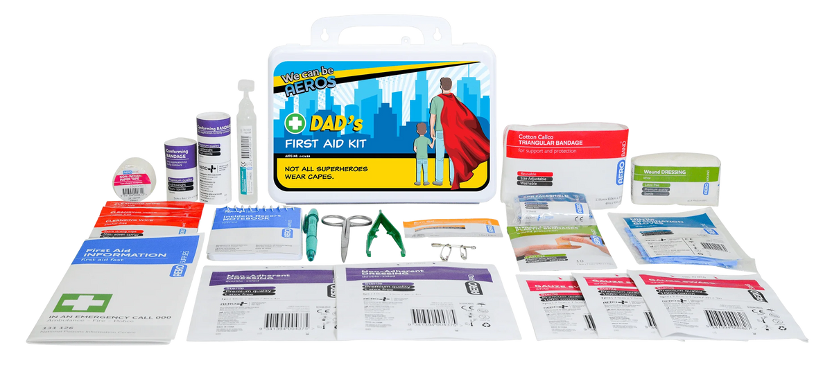 MUM'S kit contents: plasters, bandages, dressings, burn gel, eyewash, wipes, scissors and forceps