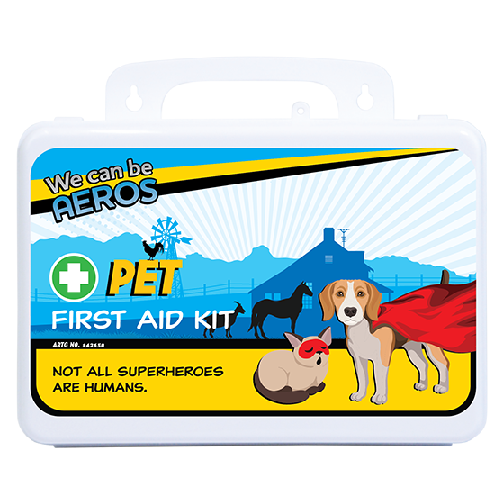 Pet first aid kit contents: cohesive bandages, non-adherent dressings and conforming bandage