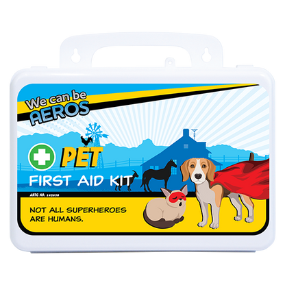 Pet first aid kit contents: cohesive bandages, non-adherent dressings and conforming bandage