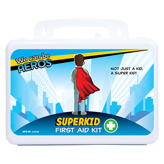 Water and dust resistant plastic first aid case, wall mountable or portable, stocked for wound care, burns and eye irrigation