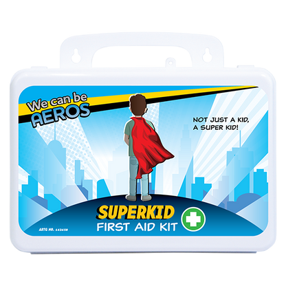Water and dust resistant plastic first aid case, wall mountable or portable, stocked for wound care, burns and eye irrigation