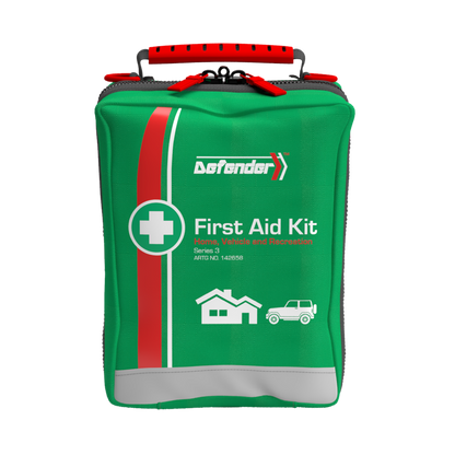 DEFENDER 3 Series softpack kit contents: plasters, bandages, dressings, burn gel, eye wash and CPR shield