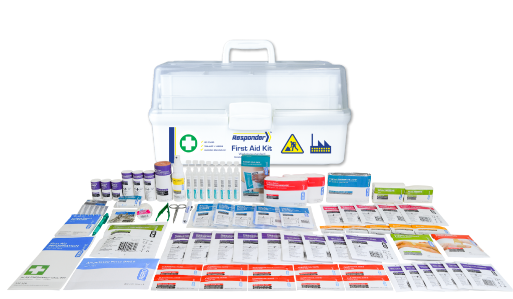 Internal compartments and shelves organising wound care, bandaging, burn and eye wash supplies