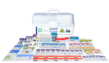 Internal compartments and shelves organising wound care, bandaging, burn and eye wash supplies
