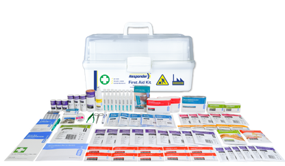 Internal compartments and shelves organising wound care, bandaging, burn and eye wash supplies