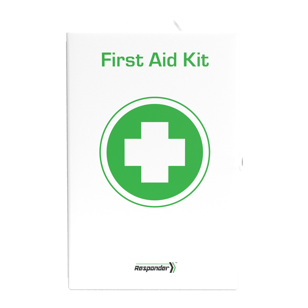 Fully stocked workplace first aid cabinet measuring 42 x 28.5 x 13 cm with centre slit refill pocket