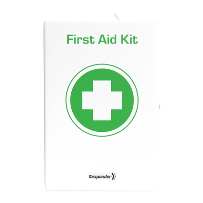 Fully stocked workplace first aid cabinet measuring 42 x 28.5 x 13 cm with centre slit refill pocket
