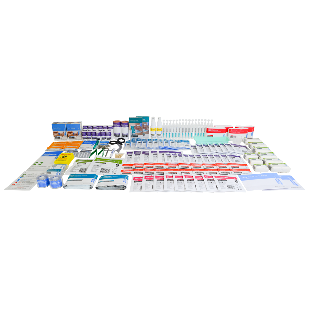 Backpack tools including diagnostic penlight, trauma scissors, forceps, needle disposal unit and dressing tray