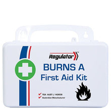 Burns kit contents including 8 burn gel sachets, burn gel dressings, PE burn sheets in three sizes and a conforming bandage