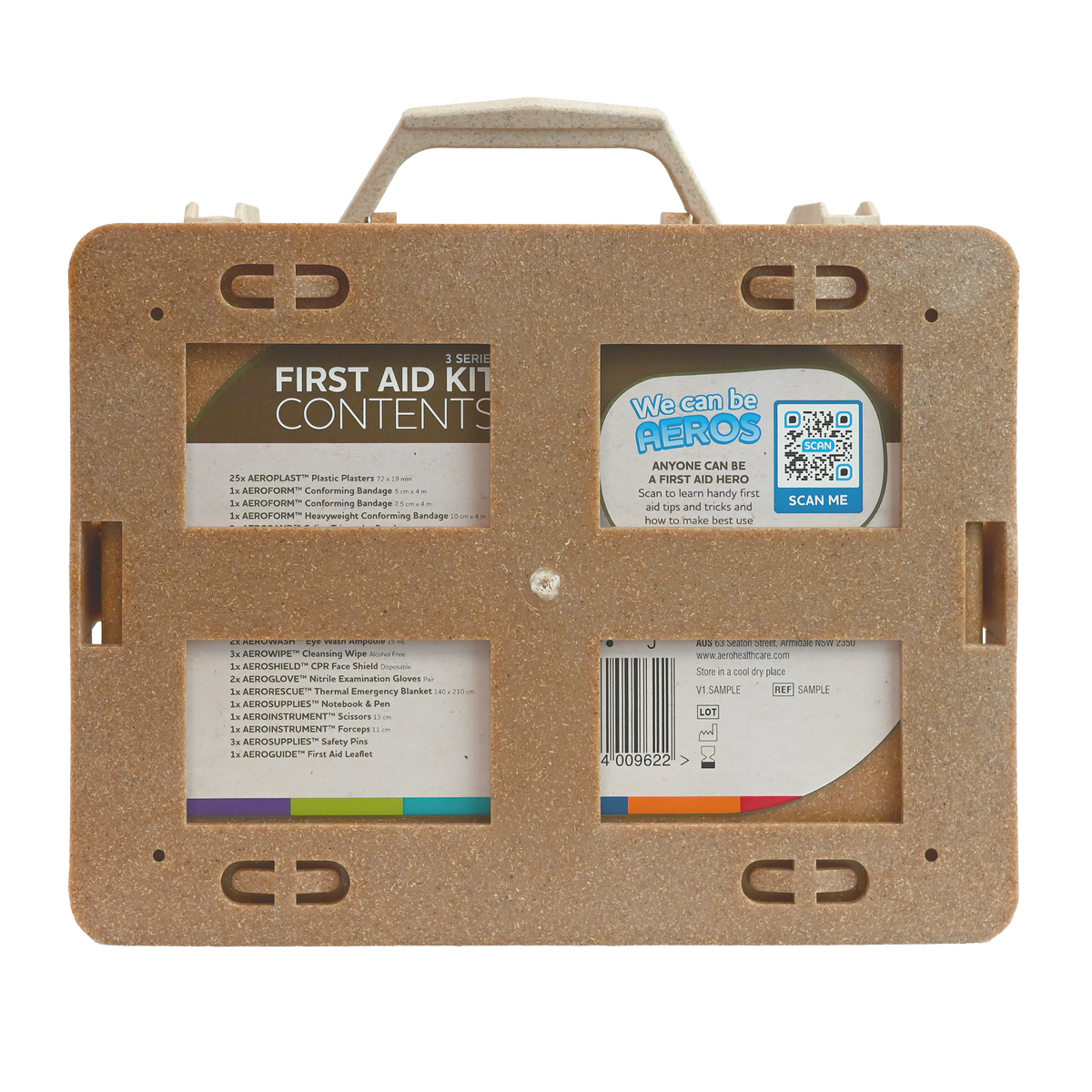 Eco First Aid Kit fully stocked with clinical-grade wound care supplies and a detailed first aid guide
