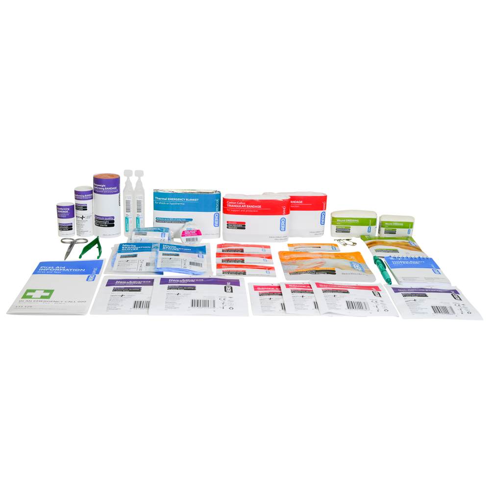 Wall-mountable Eco First Aid Kit with snap-lock bracket and central slit pocket, Surefill refill compatible