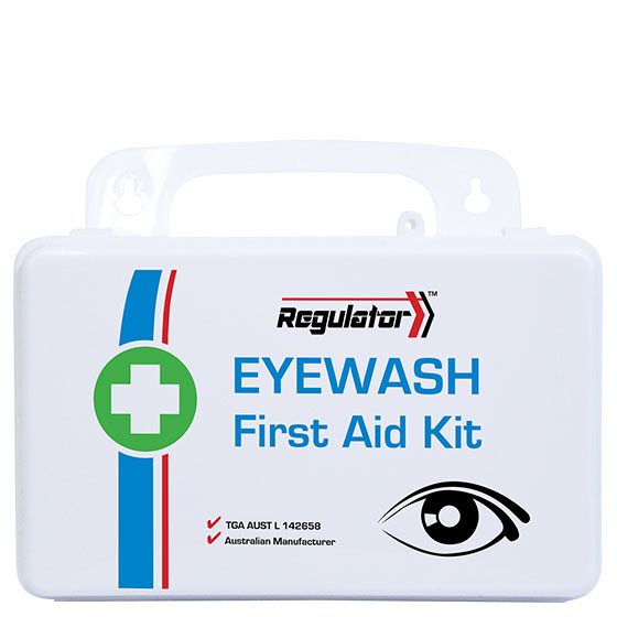 Eyewash kit contents: 10 AEROWASH 15 mL ampoules, 6 AEROPAD eye pads, bandage, tape and treatment card