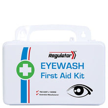 Eyewash kit contents: 10 AEROWASH 15 mL ampoules, 6 AEROPAD eye pads, bandage, tape and treatment card
